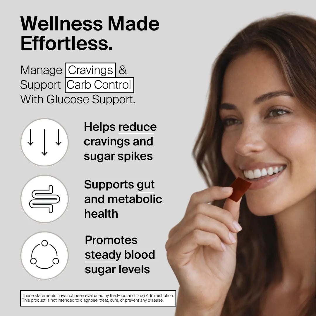 Person holding a glucose sugar-free strip with wellness benefits text on a gray background