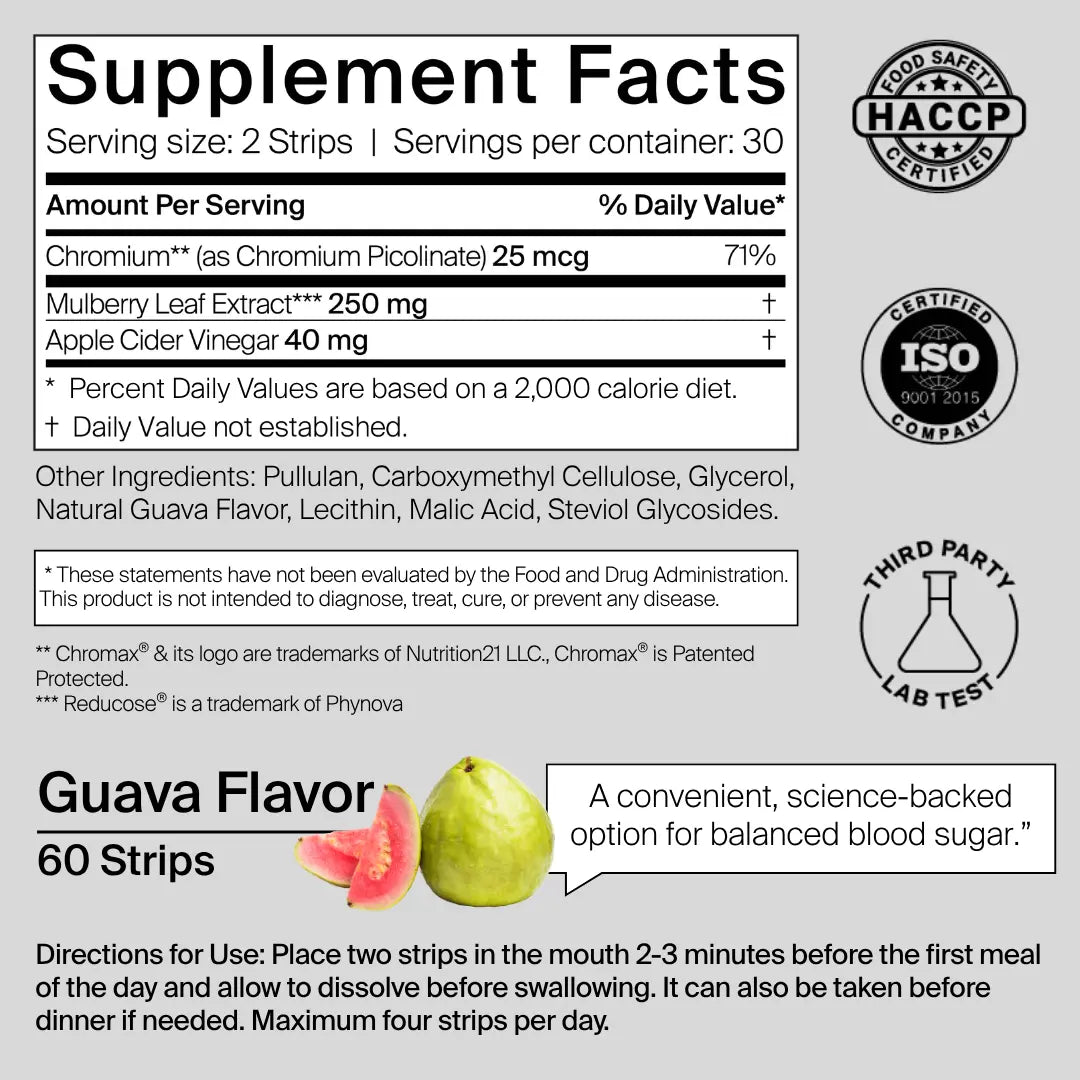 Supplement label for glucose support with Guava flavor on a gray background