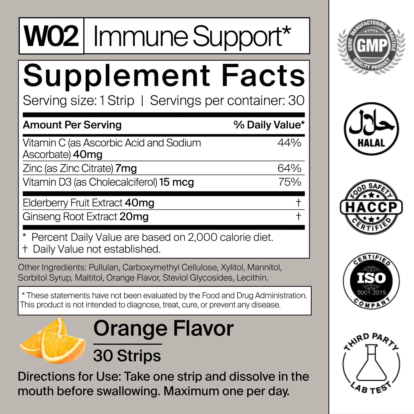 Supplement facts label for immune support with various certifications on a gray background