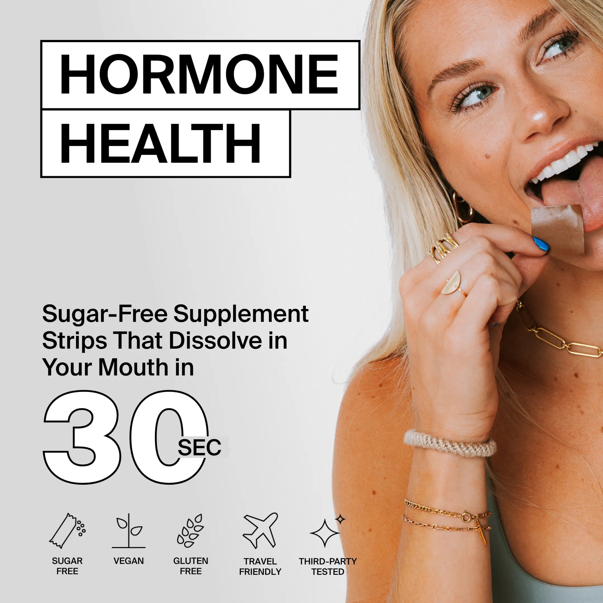 BIOSTRIPS Hormone health box and a women shown taking one strip on her tongue, how this sugar-free supplement strips dissolves in your mouth in 30 seconds.