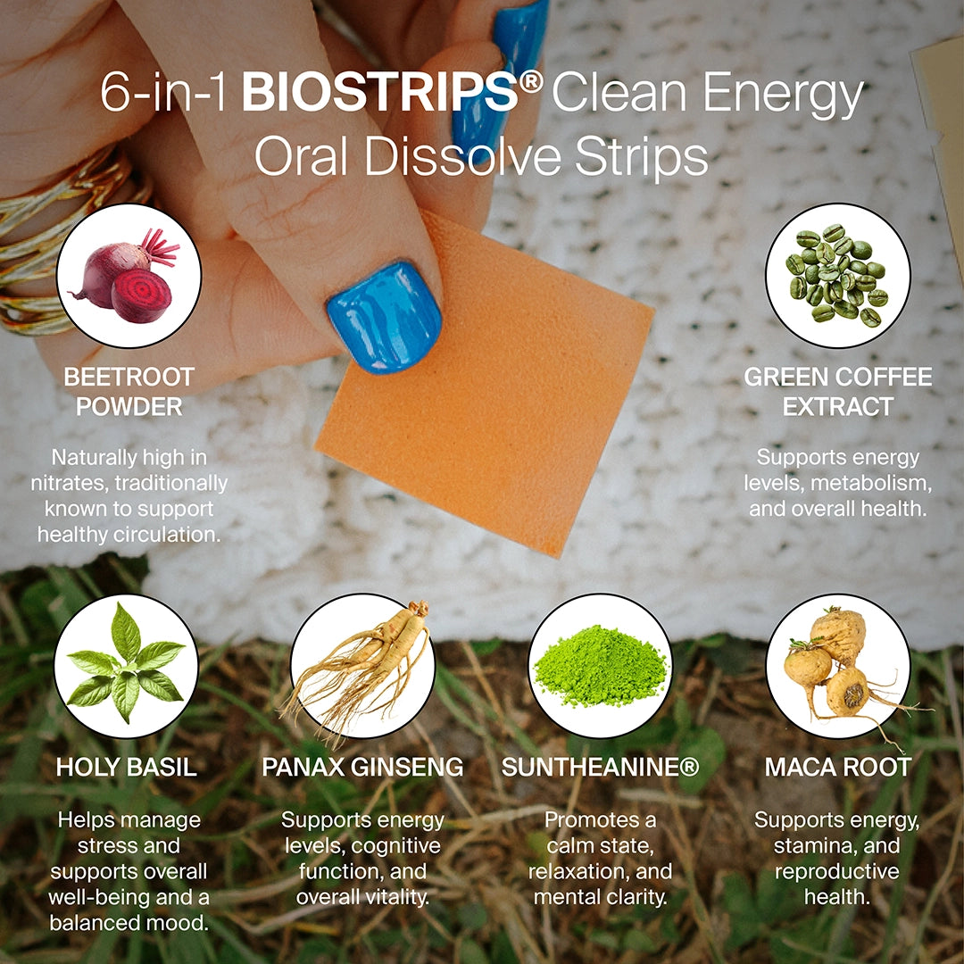 6-in-1 BIOSTRIPS Clean Energy Oral Dissolve Strips with ingredients listed on a natural background