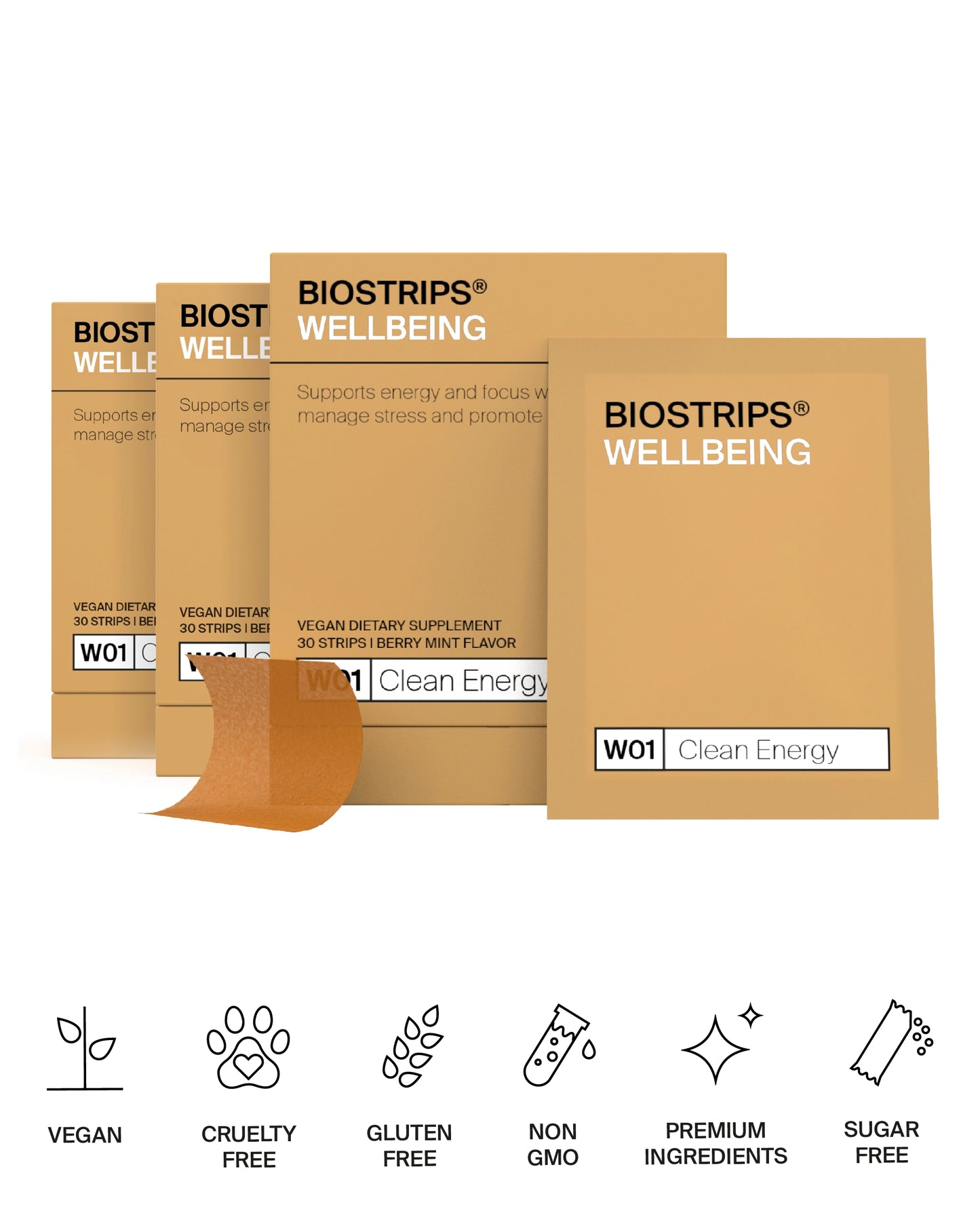 BIOSTRIPS WELLBEING Clean Energy sugar free supplement boxes on a white background