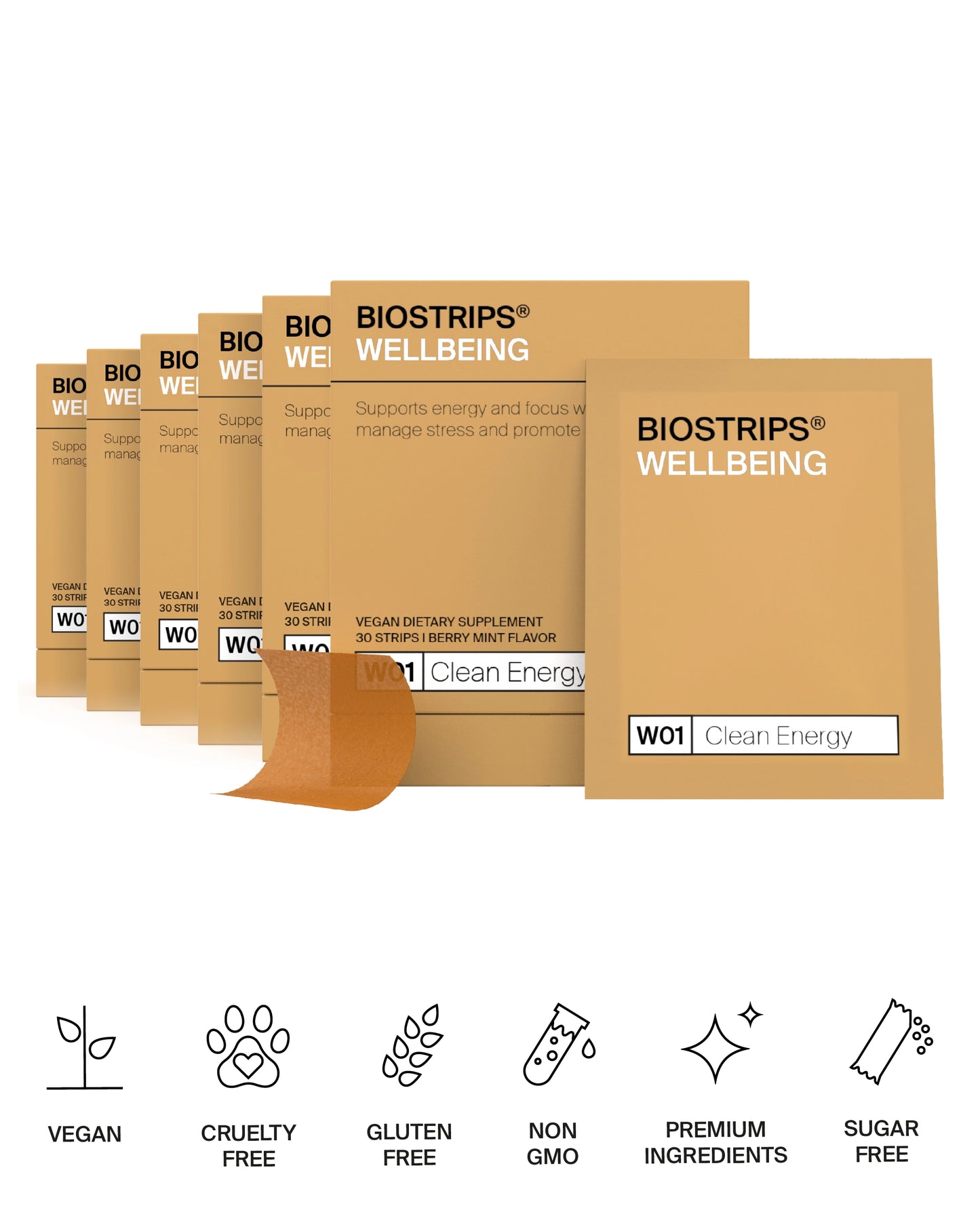 BIOSTRIPS Wellbeing Sugar free dissolvable supplement boxes on a white background