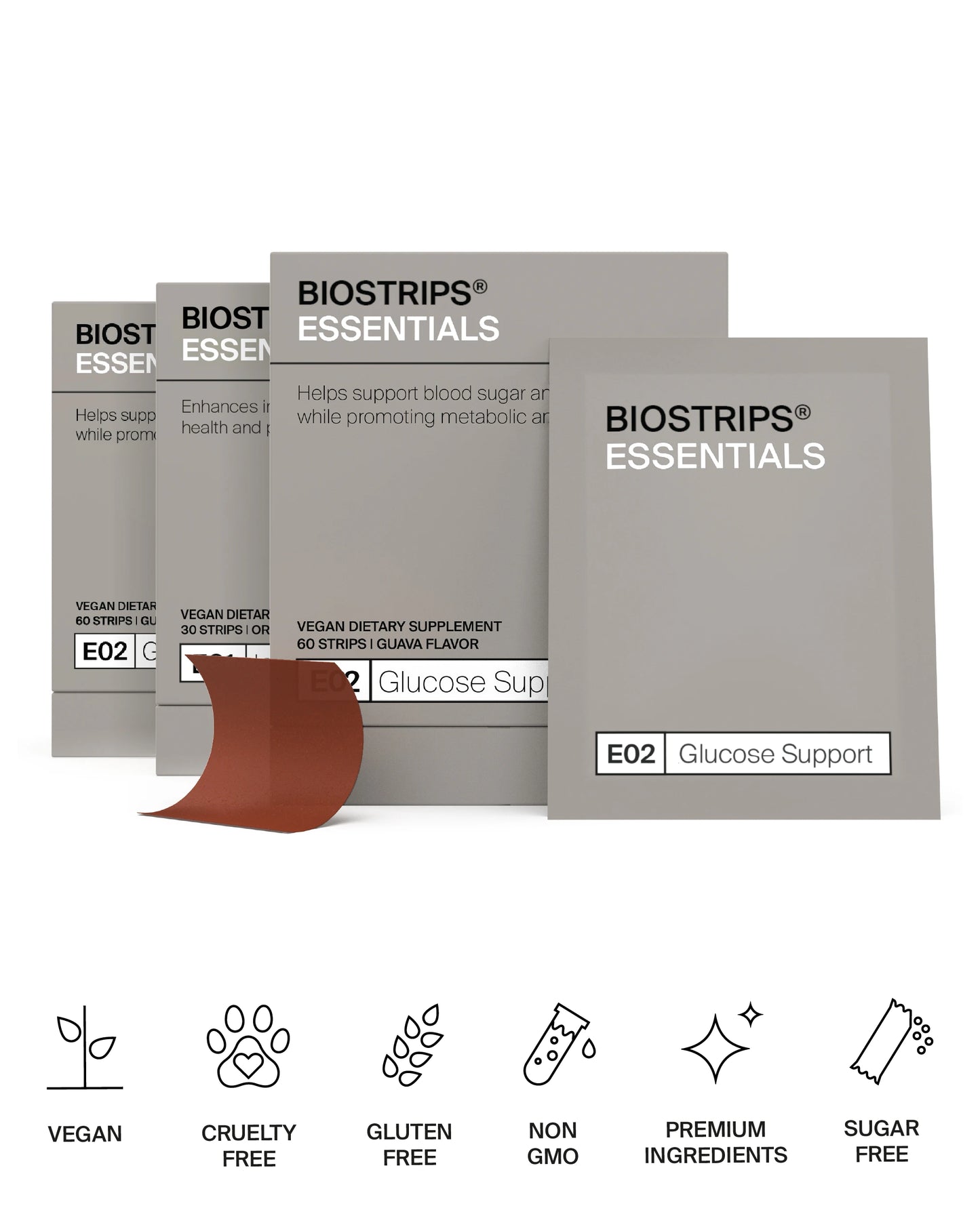 BIOSTRIPS Essentials Glucose support boxes on a white background with icons indicating BIOSTRIPS supplements are sugar-free, non gmo, gluten-free.