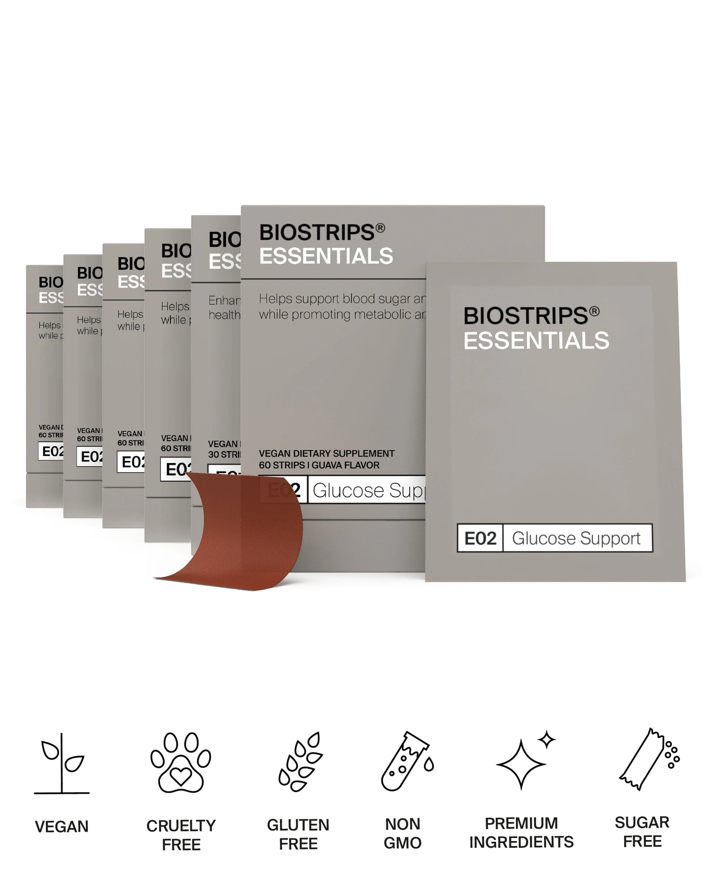 BIOSTRIPS Essentials Glucose support boxes on a white background with icons indicating BIOSTRIPS supplements are sugar-free, non gmo, gluten-free.