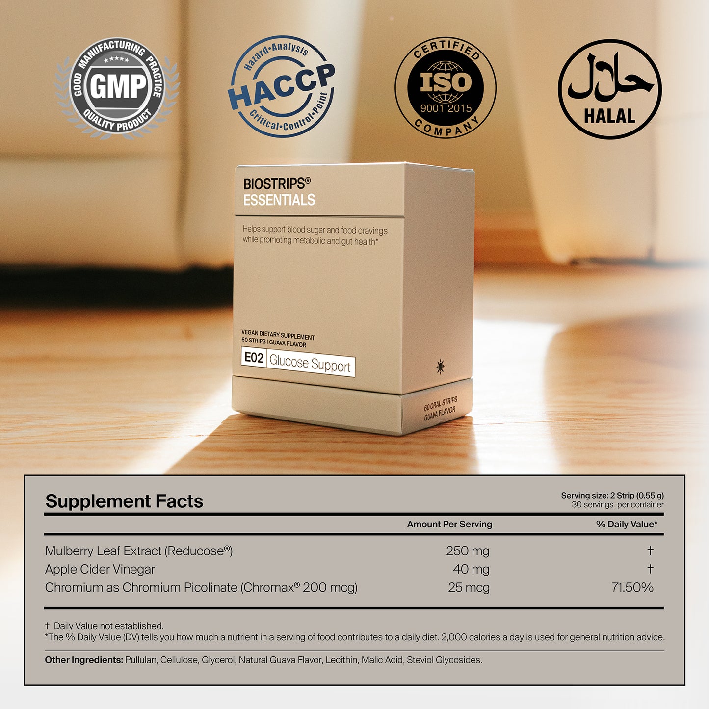 Box of BIOSTRIPS Essentials glucose support on a wooden surface with certification logos and supplement facts on a lifestyle background.