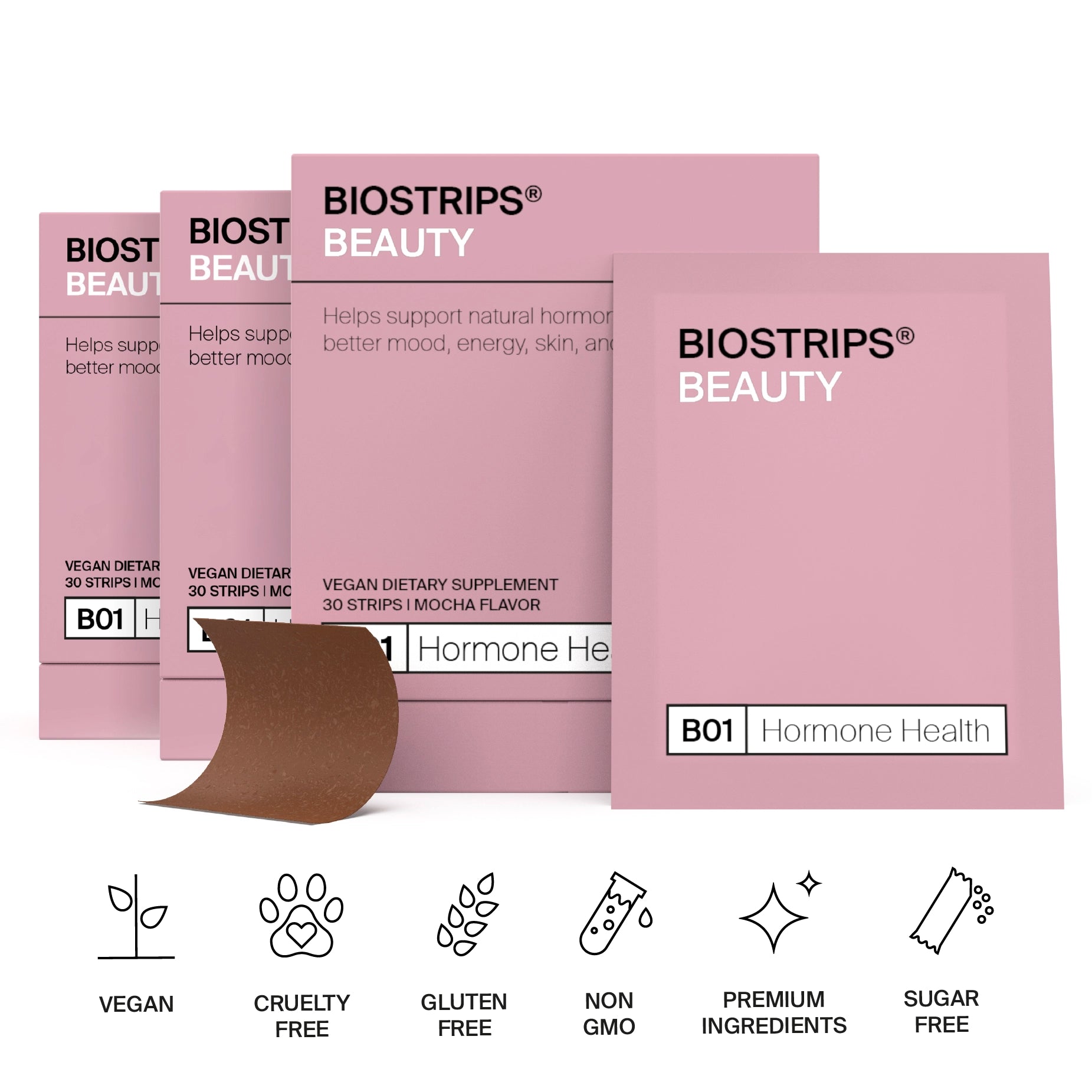 BIOSTRIPS Beauty boxes on a white background with icons indicating BIOSTRIPS supplements are sugar-free, non gmo, gluten-free.