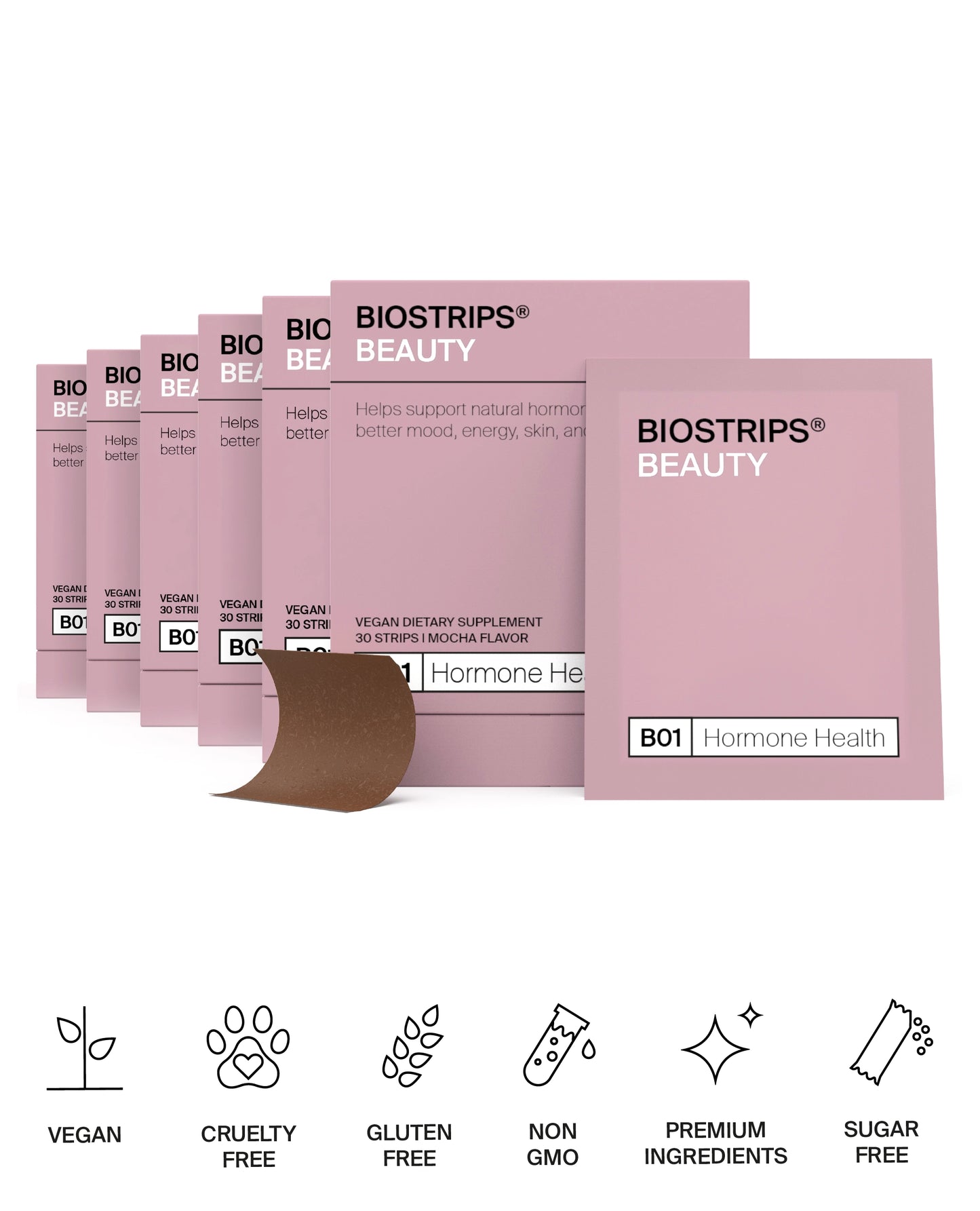 BIOSTRIPS Beauty boxes on a white background with icons indicating BIOSTRIPS supplements are sugar-free, non gmo, gluten-free.