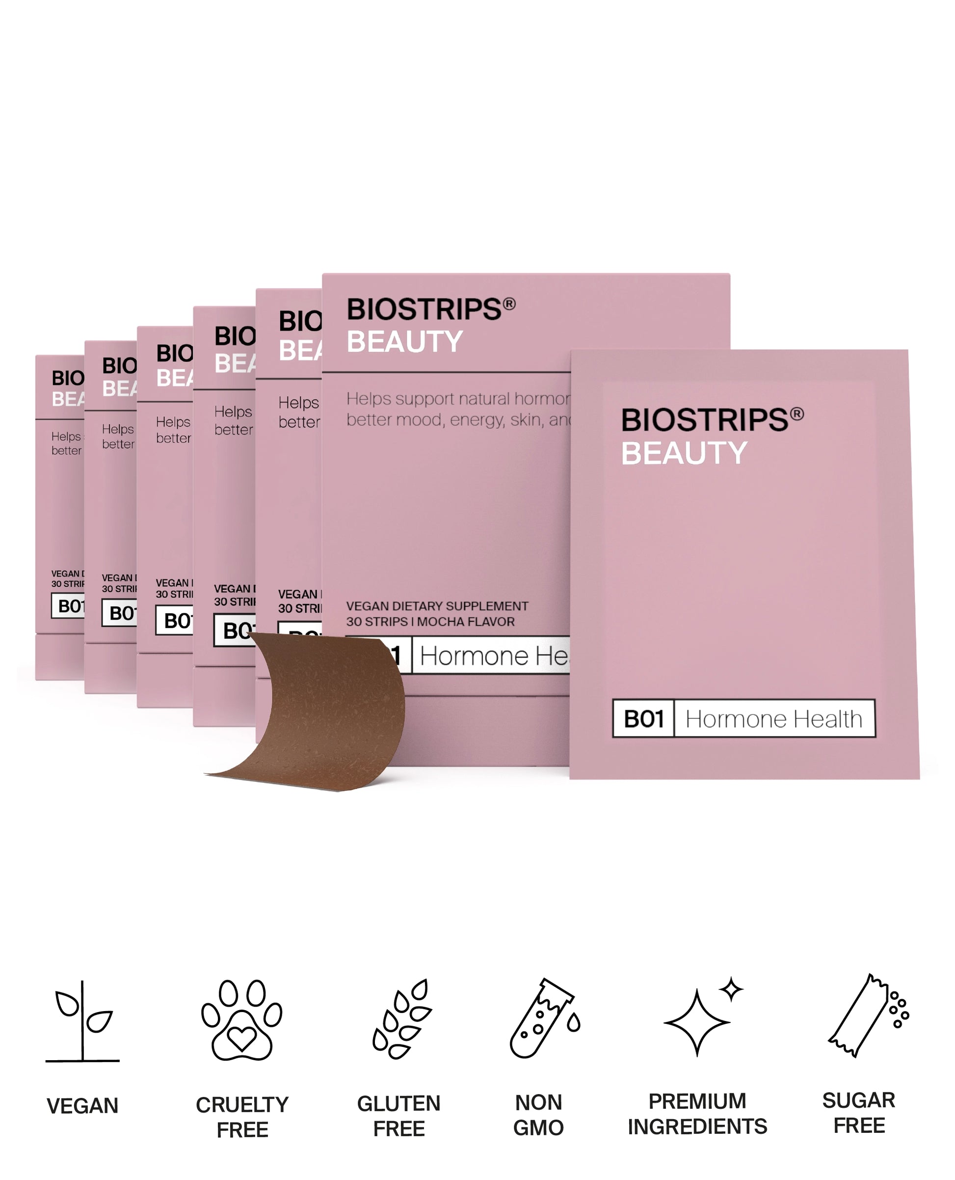 BIOSTRIPS Beauty boxes on a white background with icons indicating BIOSTRIPS supplements are sugar-free, non gmo, gluten-free.