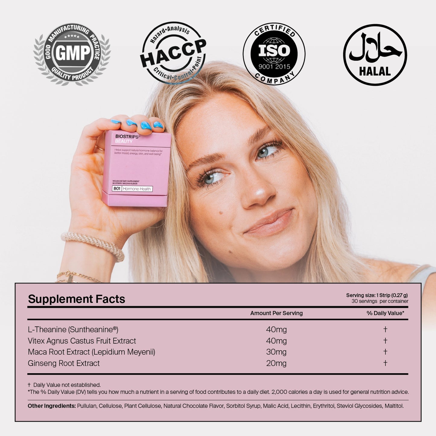Woman holding BIOSTRIPS hormone health strips box with certification logos and supplement facts on a white background