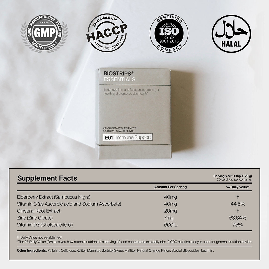 Immune support box with visible supplement facts on a white background