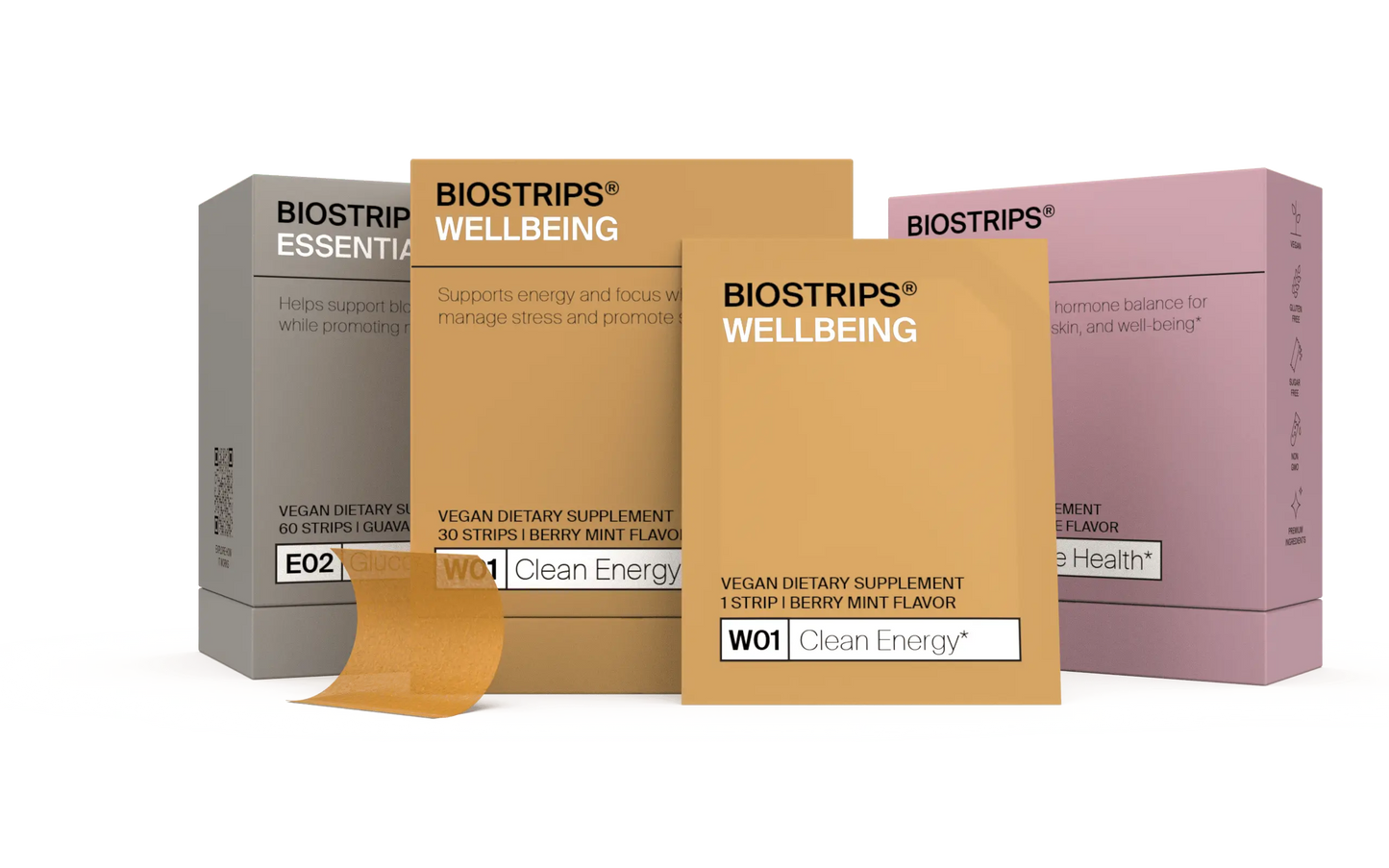 BIOSTRIPS Sugar free dissolvable supplement strips boxes on a white background