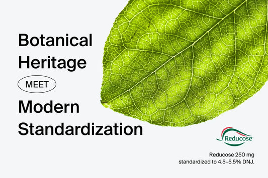 Mulberry leaf close-up with Reducose® by Phynova branding, standardized to 250 mg and 4.5–5.5% DNJ