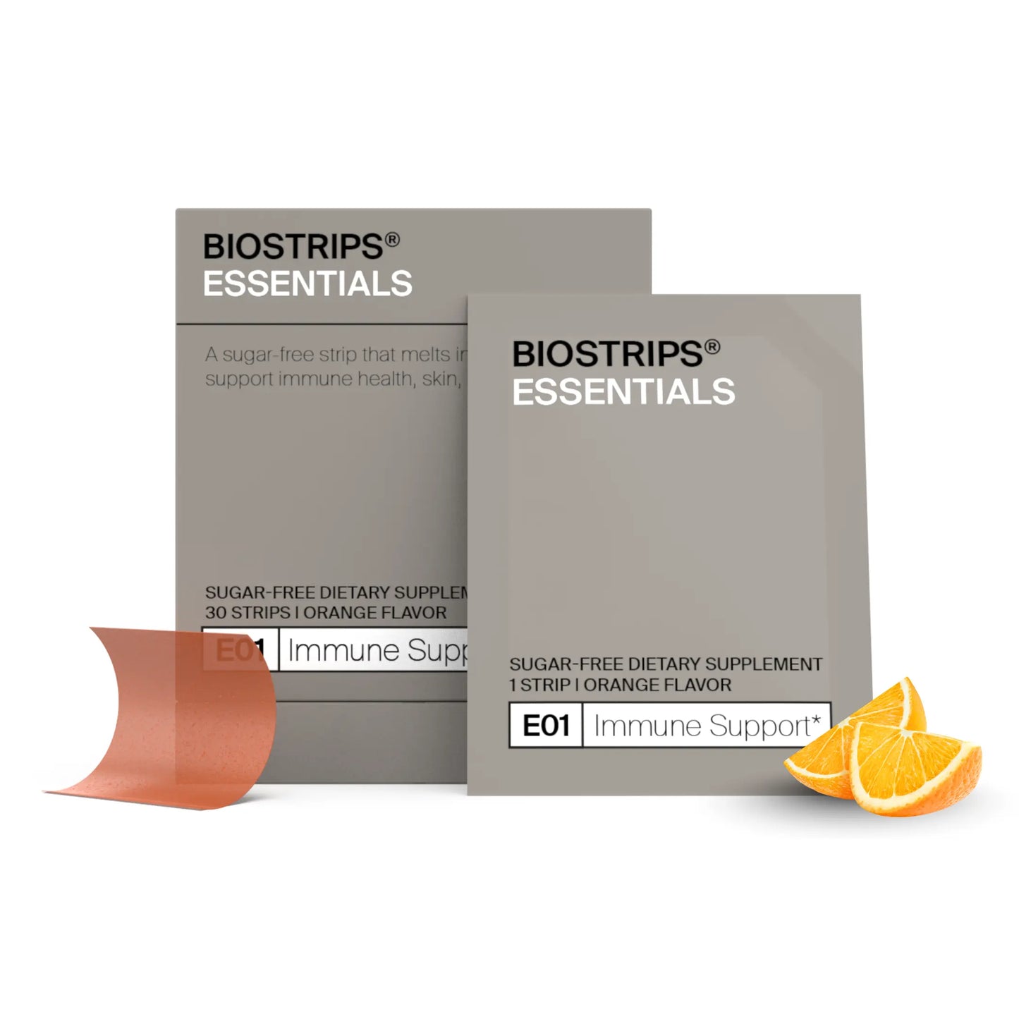 BIOSTRIPS immune support packaging with orange flavor on a white background