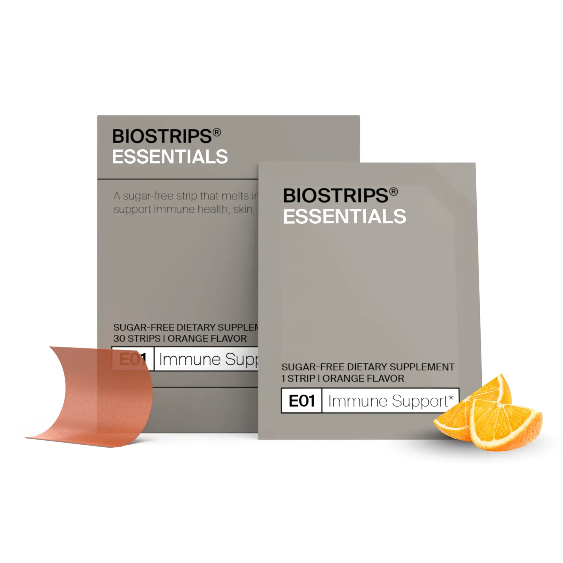 BIOSTRIPS immune support packaging with orange flavor on a white background