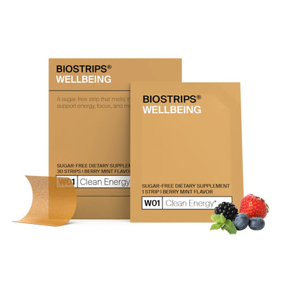 BIOSTRIPS clean energy packaging with berry mint flavor on a white background