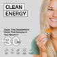 Woman holding a sugar-free supplement strip with 'Clean Energy' branding and product features listed.