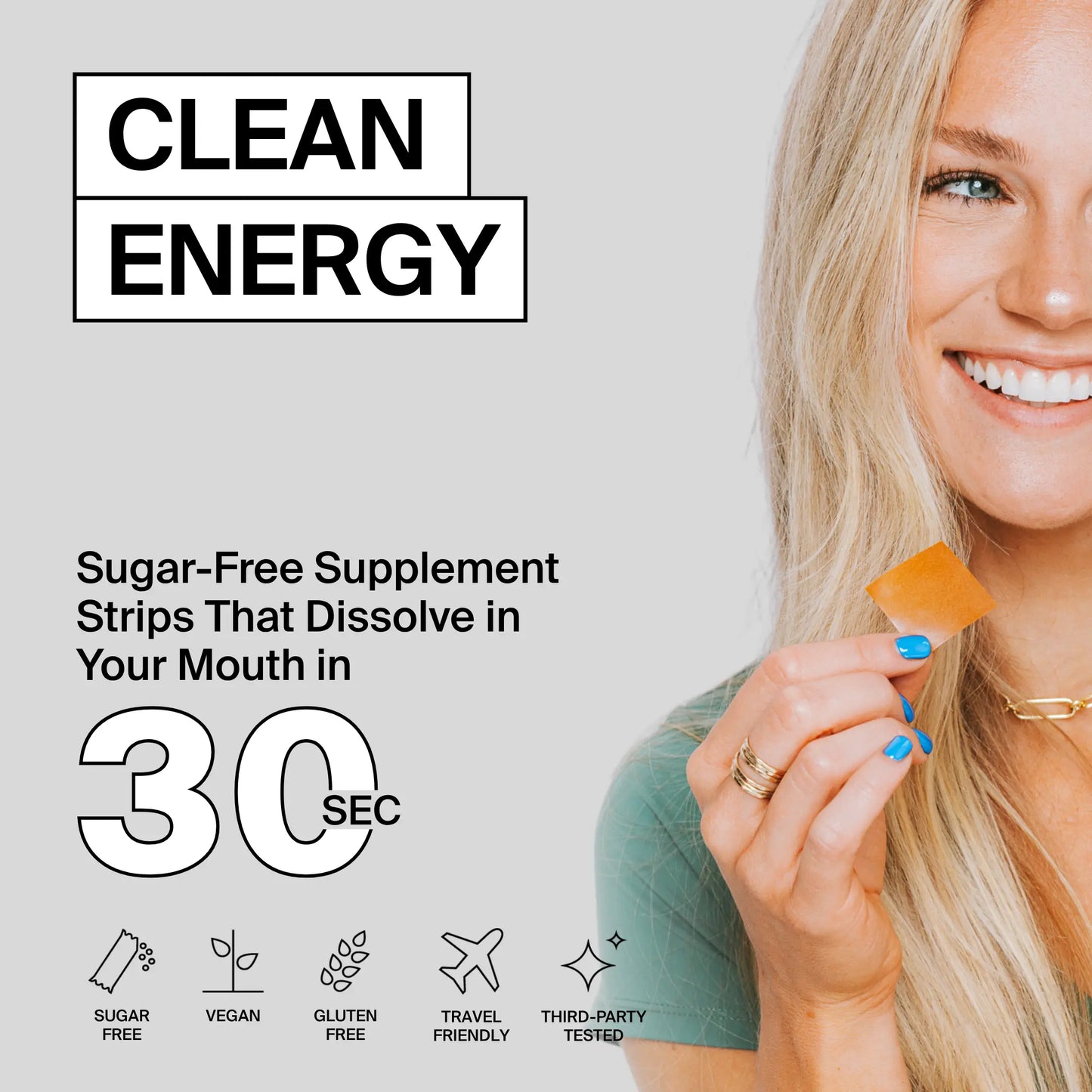 Woman holding a sugar-free supplement strip with 'Clean Energy' branding and product features listed.