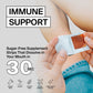 Sugar-free supplement strip being held with text about immune support and product features.