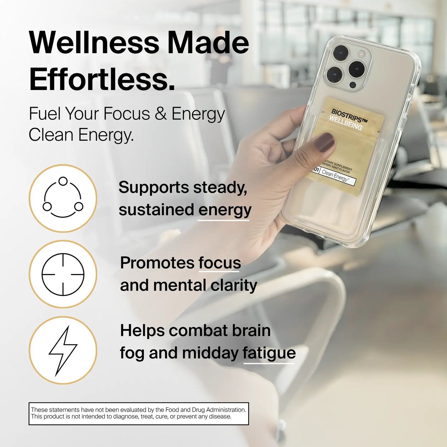 Hand holding a phone with a BioStrips energy product, featuring benefits about energy support.