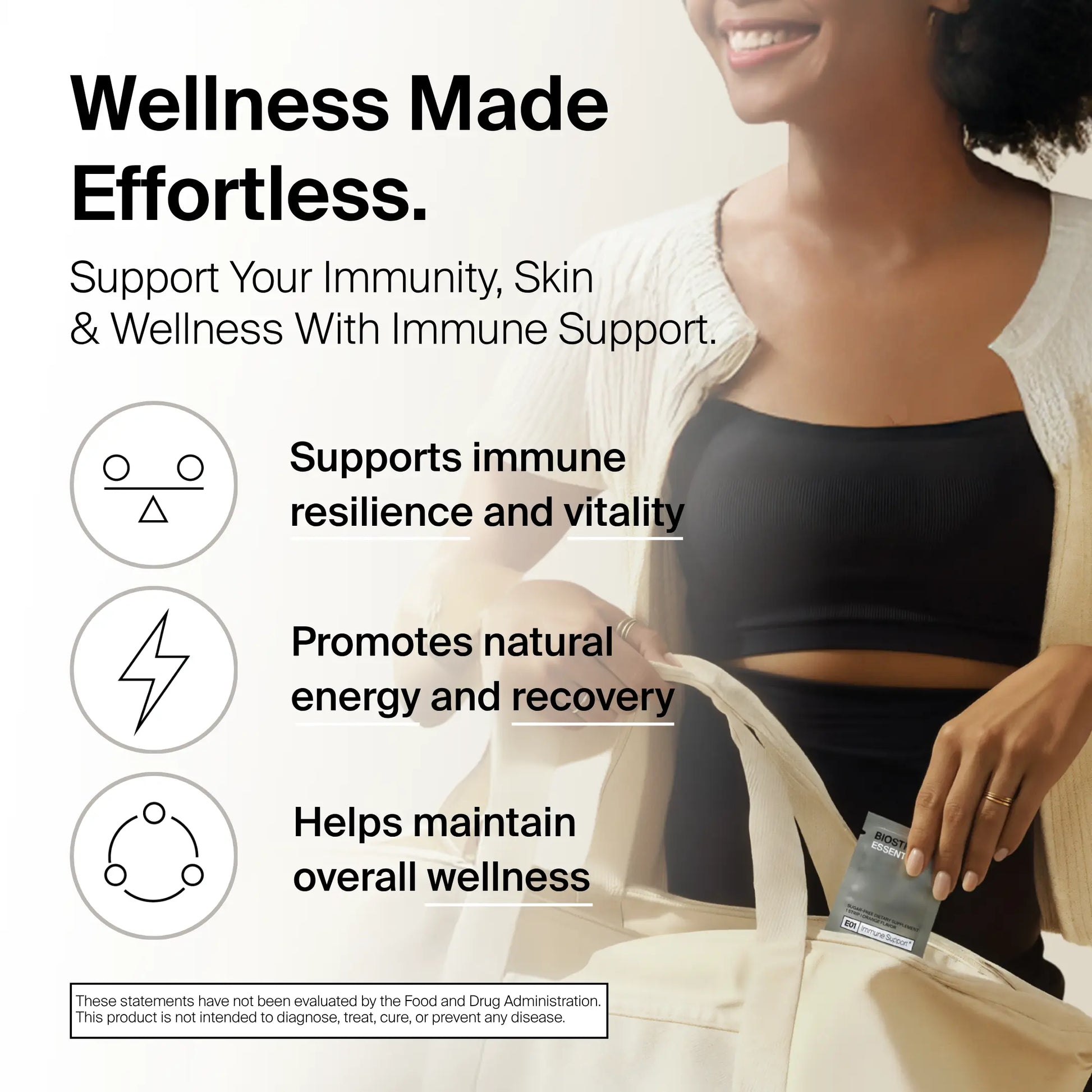 A woman holding a bag with an immune support product, the benefits of immunity, and wellness.