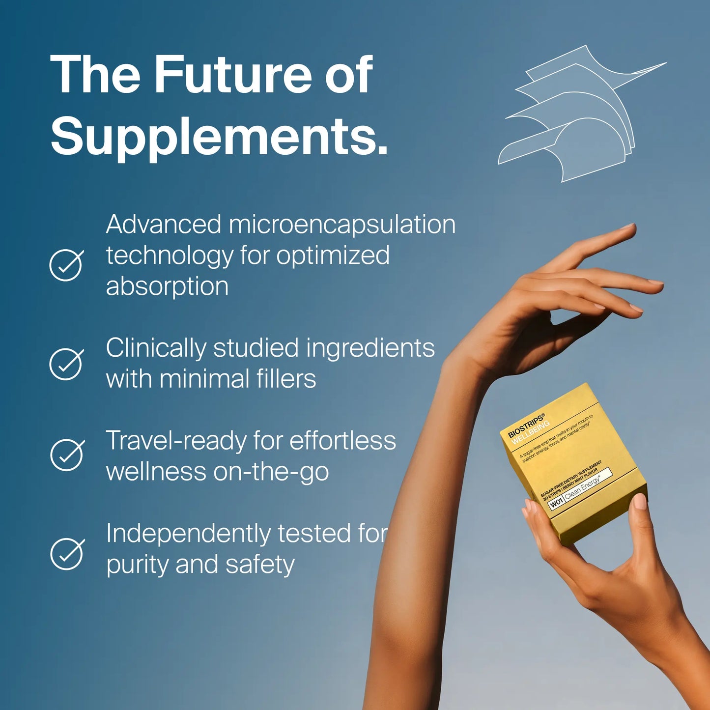 Supplement packaging with text about advanced microencapsulation technology and clinical study on a blue background