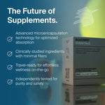 BIOSTRIPS Essentials supplement box with text about advanced microencapsulation technology on a blue background