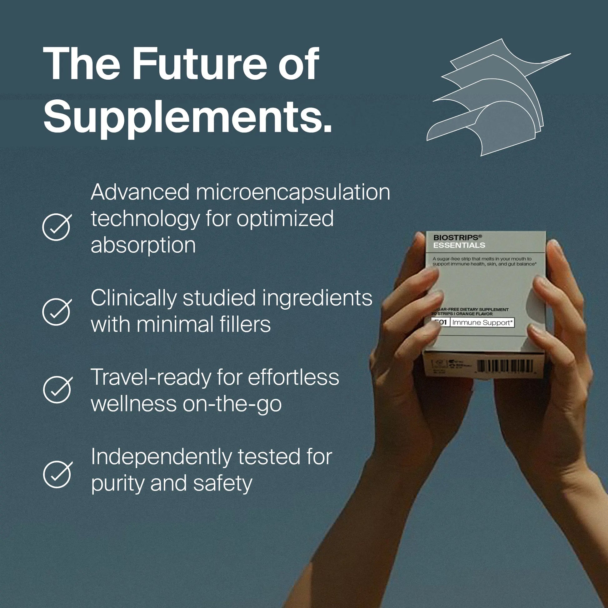 Supplement box held by hands with text about supplement features on a dark blue background