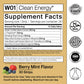 Supplement facts label for W01 Clean Energy with various extracts and flavors on a gold background.