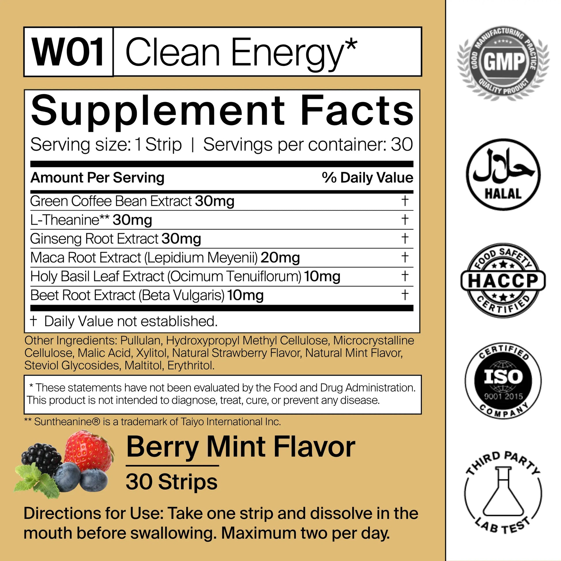 Supplement facts label for W01 Clean Energy with various extracts and flavors on a gold background.