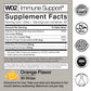 Supplement facts label for immune support with various certifications on a gray background
