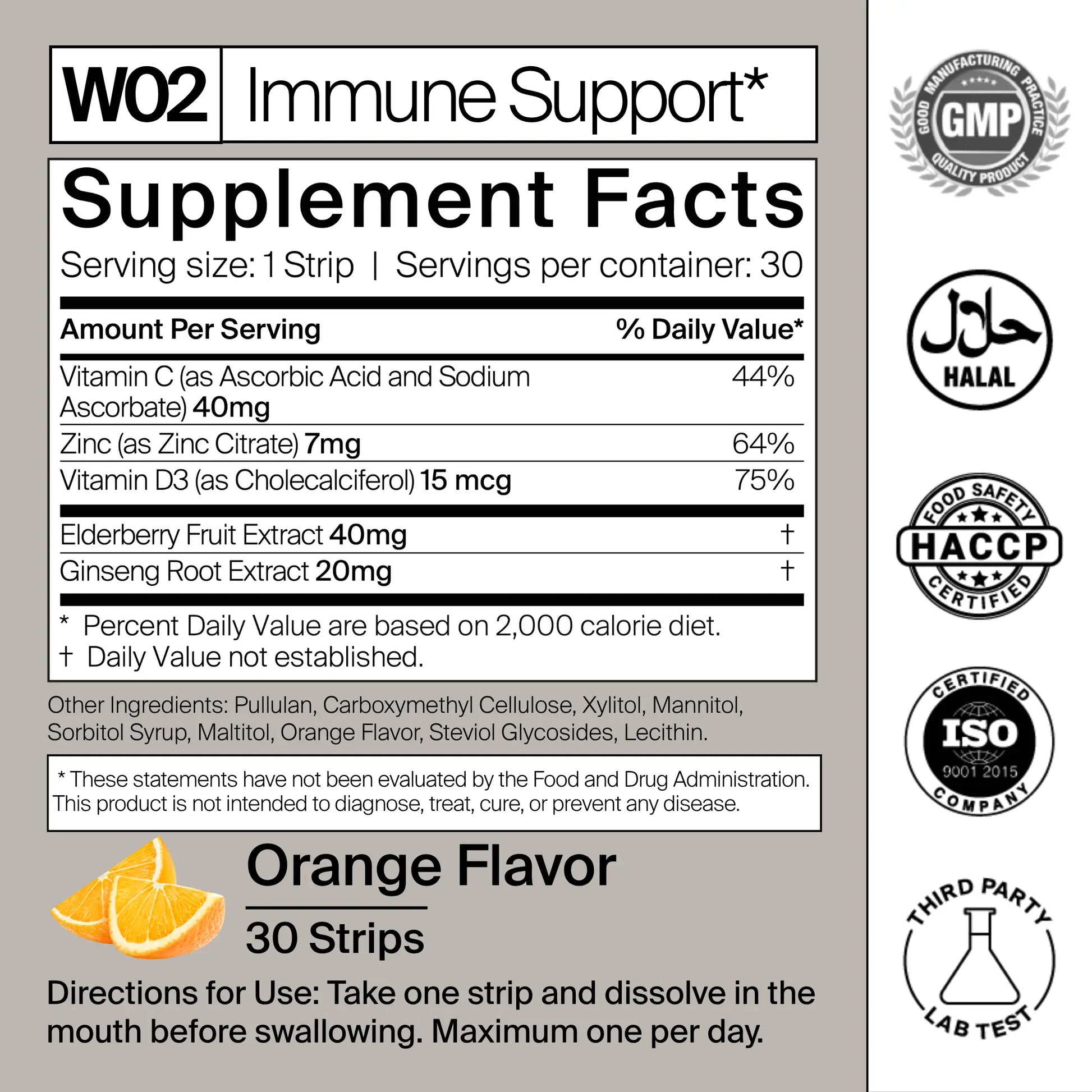 Supplement facts label for immune support with various certifications on a gray background