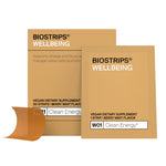 Packaging for BioStrips Wellbeing Clean Energy, showing the product name and flavor, with a strip of the energy supplement visible.