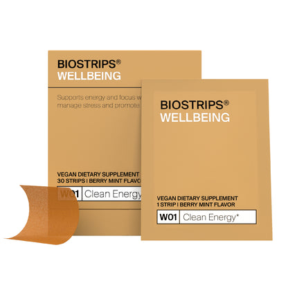 Packaging for BioStrips Wellbeing Clean Energy, showing the product name and flavor, with a strip of the energy supplement visible.