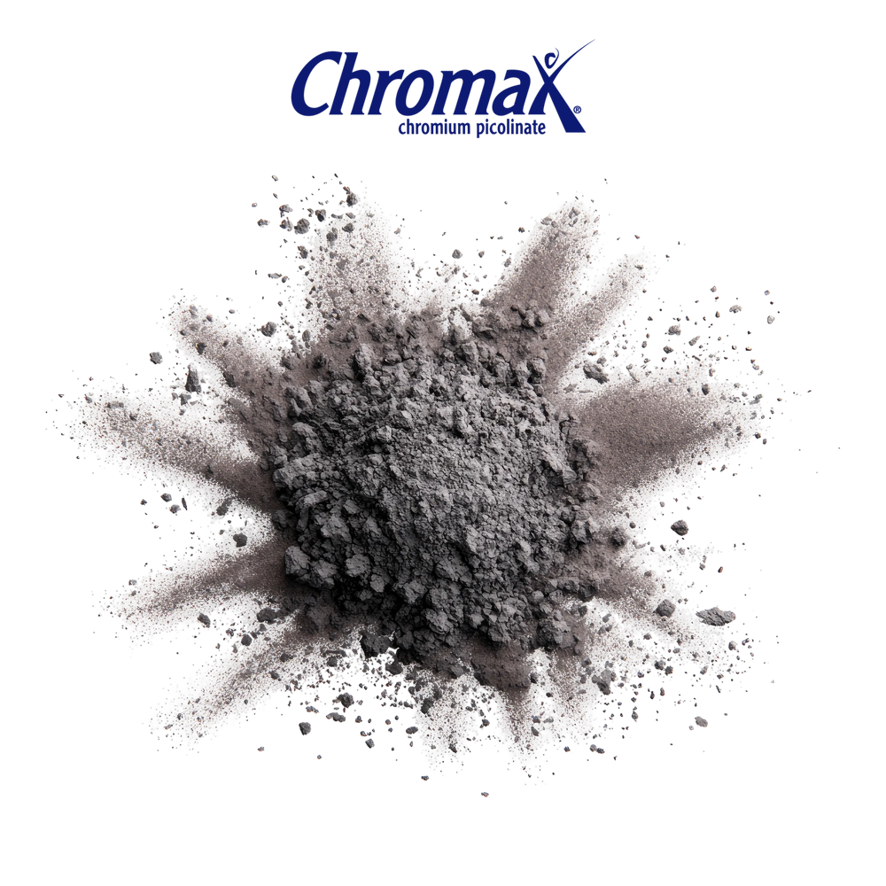 Gray powder explosion with Chromax logo on a white background