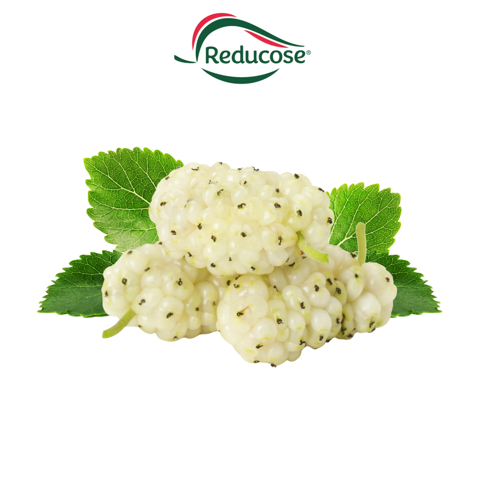 White berries with green leaves on a white background, featuring the Reducose logo.