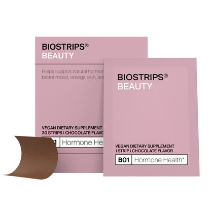 Packaging of BIOSTRIPS® Beauty Hormone Health sugar-free supplement with a chocolate-flavored strip visible in front.