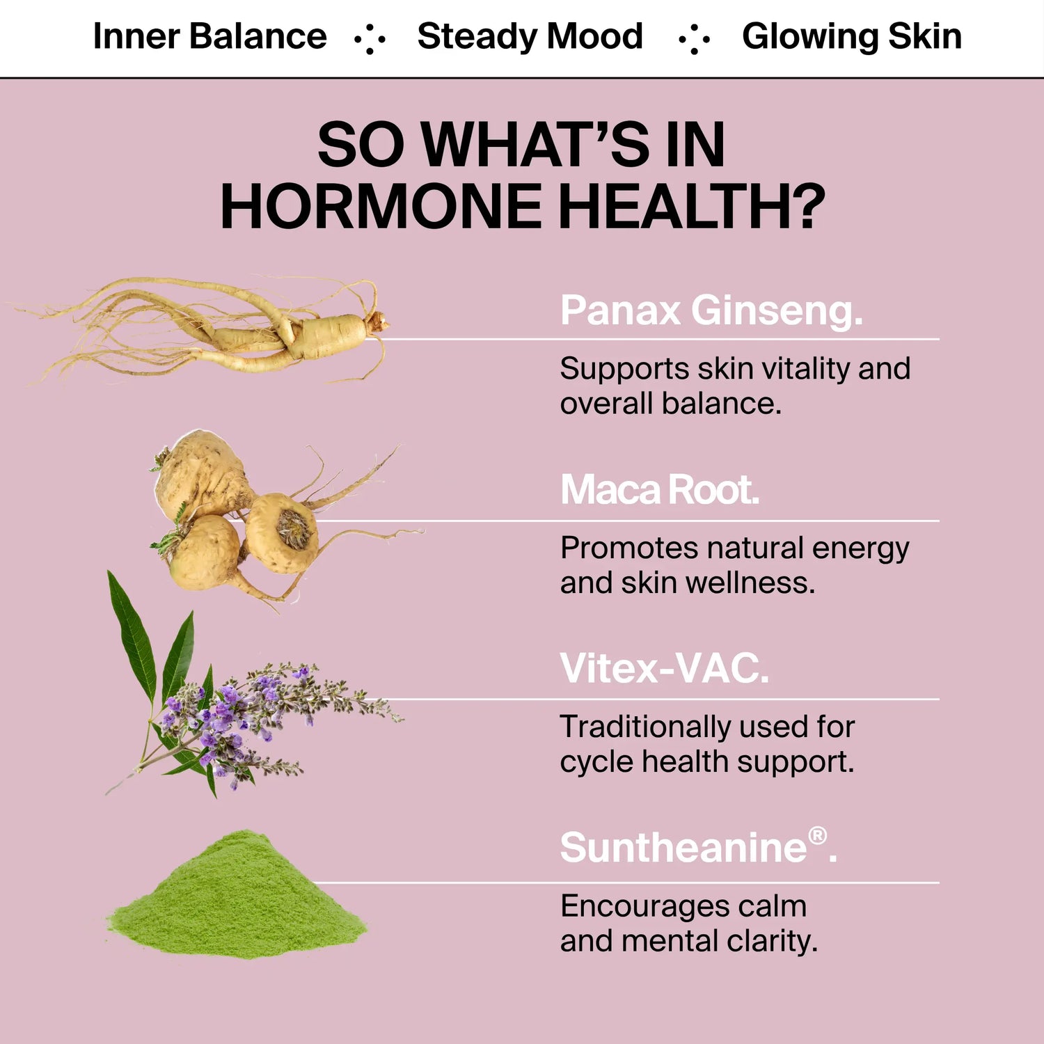 BIOSTRIPS Hormone health ingredients listed with their benefits.