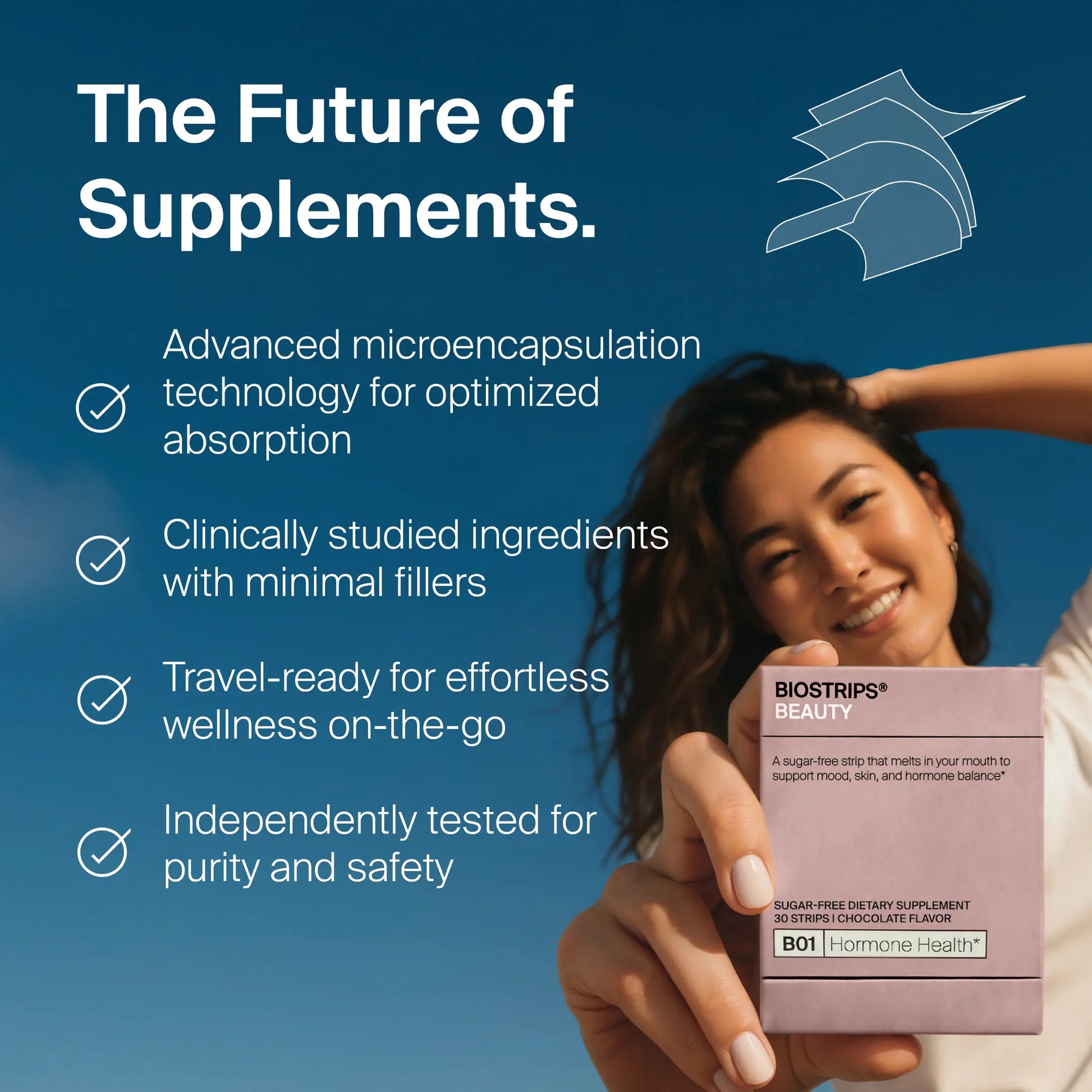 BIOSTRIPS BEAUTY Hormone health supplement packaging with a woman holding it against a blue background featuring all future of supplements and the technology used in making it.