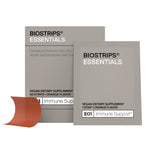 Packaging for BIOSTRIPS® ESSENTIAS Immune Support, showing a box and a strip with the product. The background is white, and the colors are primarily gray and orange.