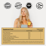 Supplement facts with a woman holding a BIOSTRIPS sugar-free dissolvable supplements box and certification logos on a white background.