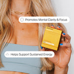 Person holding supplements box labeled BIOTRIPS Clean energy with it's benefits listed like mental clarity and energy support.