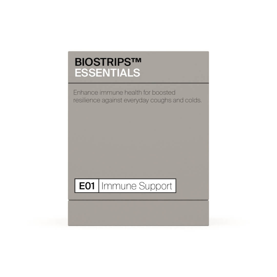 A simplistic grey box of BIOSTRIPS™ ESSENTIALS, with a description emphasizing enhanced immune health and resilience against colds, marked as E01 Immune Support.