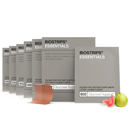 Multiple boxes of BioStrips Essentials Glucose Support on a white background