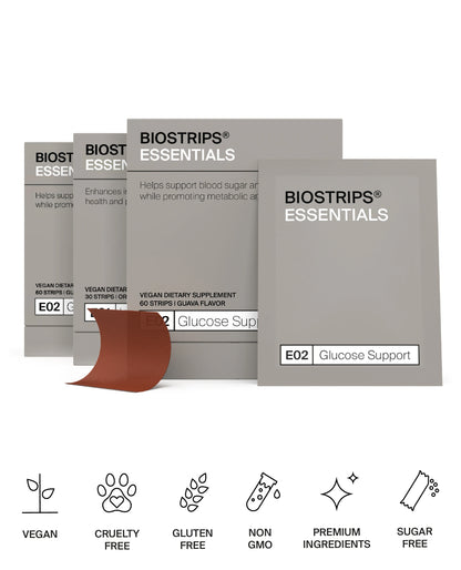 BIOSTRIPS Essentials Glucose support boxes on a white background with icons indicating BIOSTRIPS supplements are sugar-free, non gmo, gluten-free.