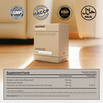 Box of BIOSTRIPS Essentials glucose support on a wooden surface with certification logos and supplement facts on a lifestyle background.