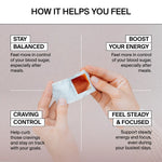 Hand holding a small packet with dissolvable nutrient strips inside with text about its effects on blood sugar and energy levels.