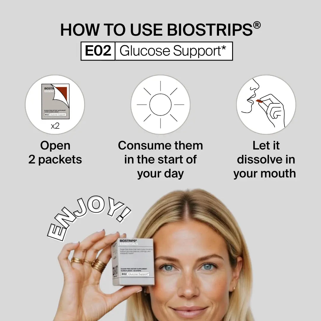 Instructions on how to use BioStrips E02 Glucose Support with a woman holding the product.