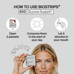 Instructions on how to use BioStrips E02 Glucose Support with a woman holding the product.