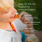 Person using a supplement strip with text about immune support features.